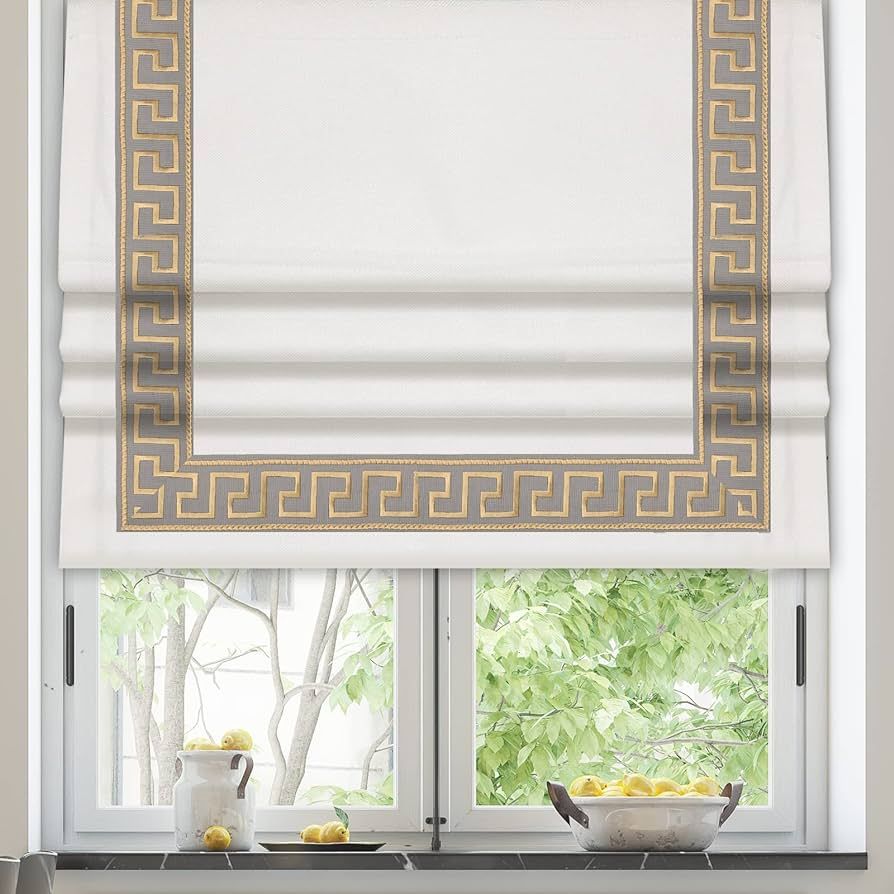 Cordless Roman Shades, Blackout Washable Roman Shades,White Grey Embroidered Border Window Shades... | Amazon (US)