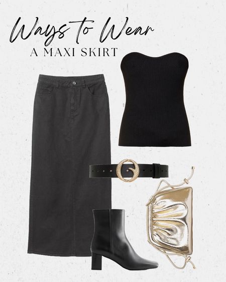 Ways to wear a maxi skirt - perfect for date night, pair with a rib knit bandeau top, black ankle boots to lengthen your silhouette and a metallic bag adds a pop of interest to an all black outfit (get 15% off my gold bag and free delivery with code - CHARLOTTE15 - at Coggles) #maxiskirt #datenight #eveninglook #waystowear #howtostyle 

#LTKunder50 #LTKstyletip #LTKFind