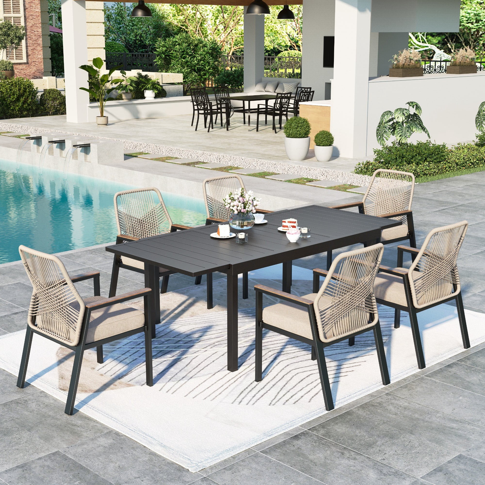 MF Studio 7-Piece Outdoor Dining Set with Cushioned Rattan Chairs and Large Extendable Table for ... | Walmart (US)