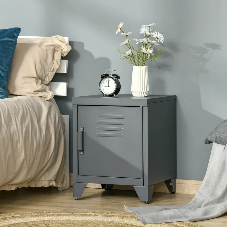 HomCom Locker-Style Nightstand Storage Side Table with Shelf & Metal Frame, Grey | Walmart (US)