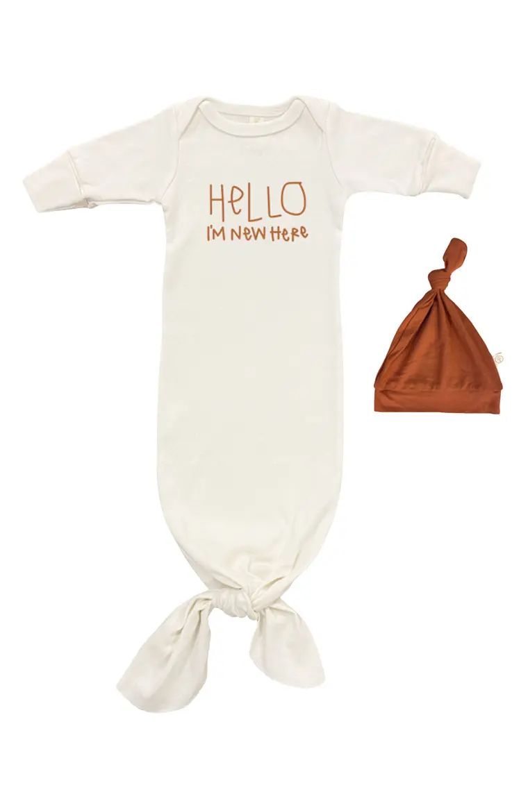 Hello I'm New Here Organic Cotton Tie Gown & Beanie Set | Nordstrom