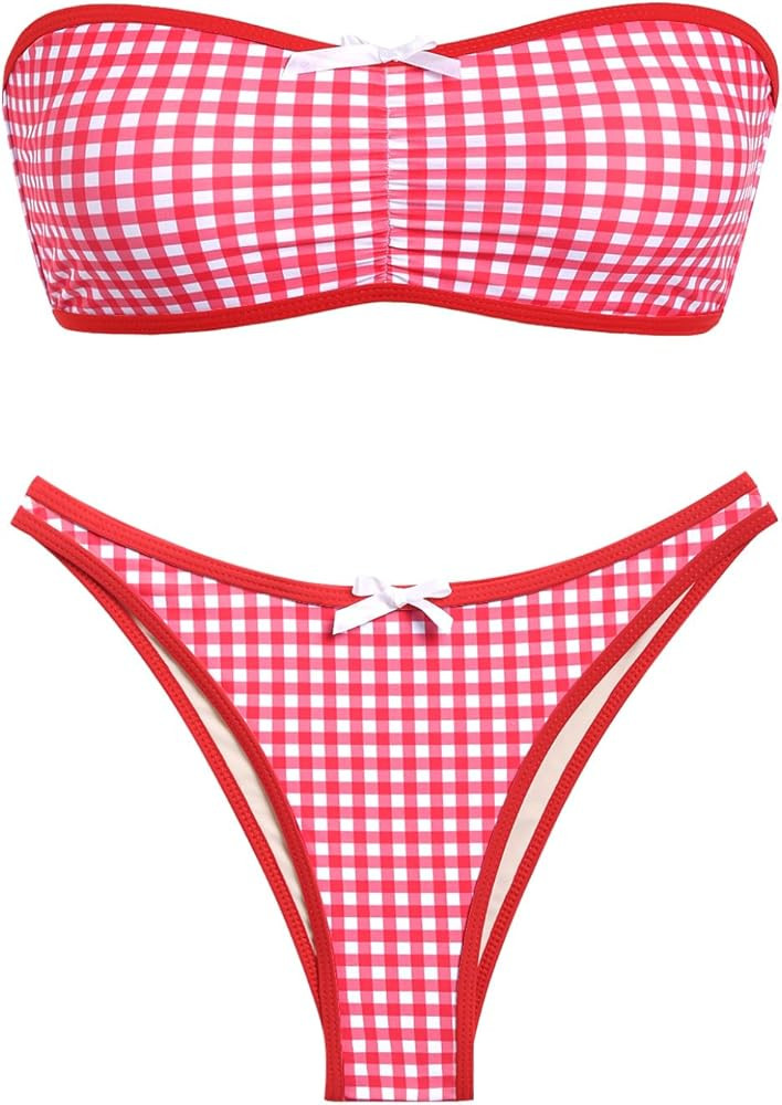 ZAFUL Women's Strapless Bikini Openwork Textured Bow Ruched Lace Up High Cut Bandeau Swimsuit Bat... | Amazon (US)