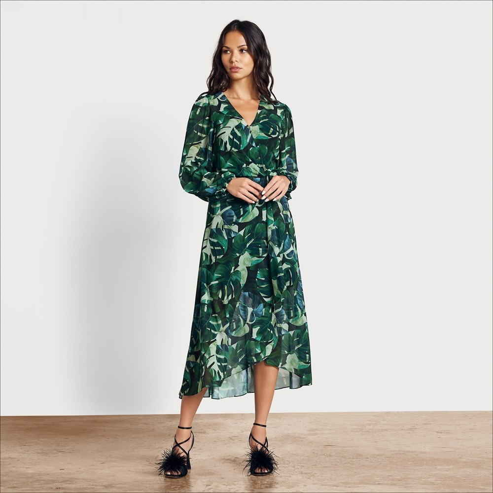 Long Sleeve Palm Print Midi Dress | Sam Edelman