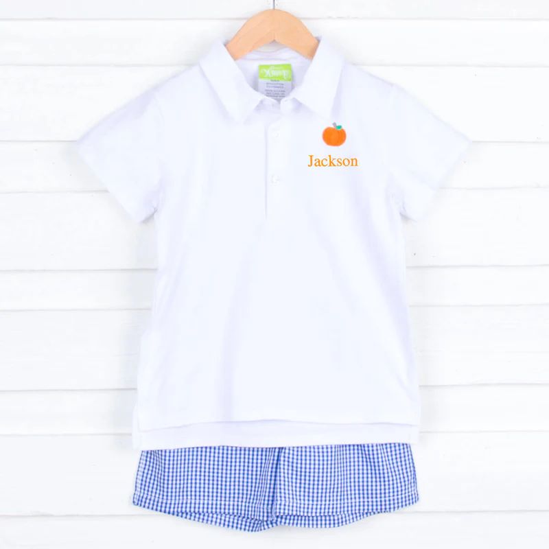 Pumpkin Picking Royal Blue Gingham Polo Short Set | Classic Whimsy