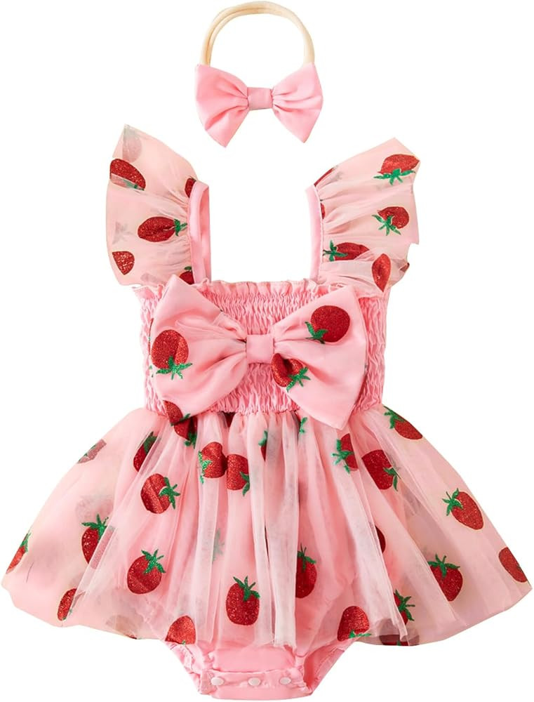 PUHHAPIEY Baby Girl Clothes Summer Outfit Newborn Strawberry Bow Ruffle Sleeveless Tulle Romper D... | Amazon (US)