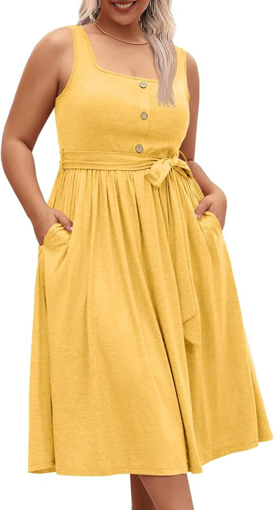 Beautife Womens Plus Size Summer Sleeveless A-Line Midi Dress with Pockets | Amazon (US)