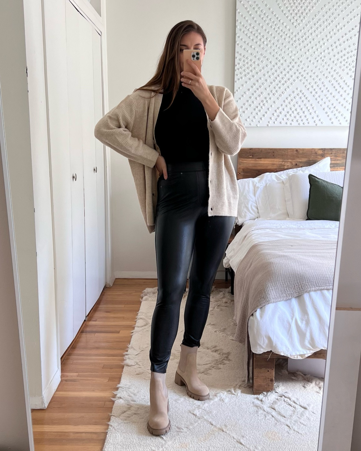 Casual fall outfit with ribbed black
Mock neck bodysuit & faux leather pants from SPANX 

Save 10% off spanx with code: DANAXSPANX 

Super soft beige cardigan from Target and beige combat boots from Steve Madden 

#casualoutfit #weekendoutfit #brunchoutfit #falloutfit #falloutfitideas 

#LTKstyletip #LTKSeasonal #LTKunder100