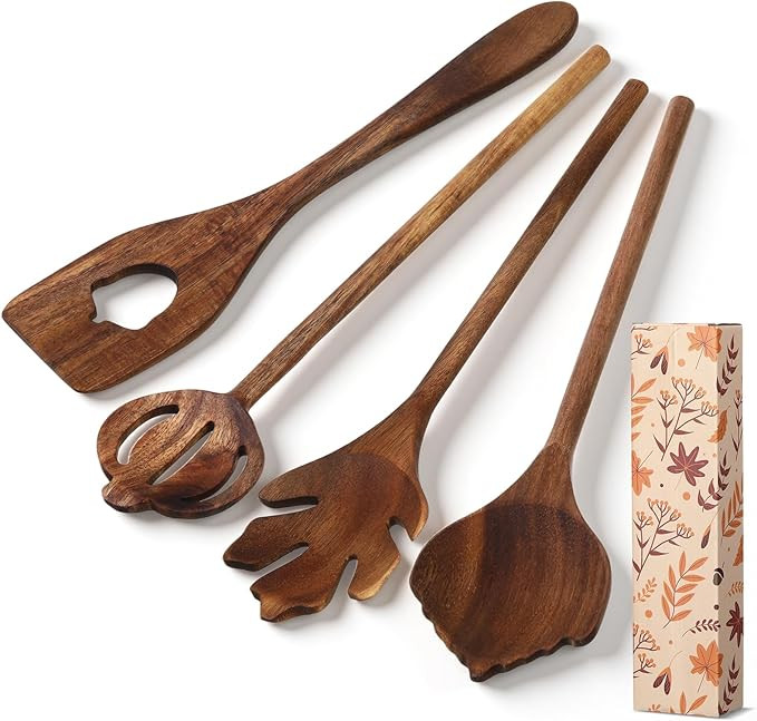 Maxdot 4 Pcs Autumn Themed Wooden Spoons Utensils Set 12 Inch Natural Acacia Wooden Spoons Fall P... | Amazon (US)