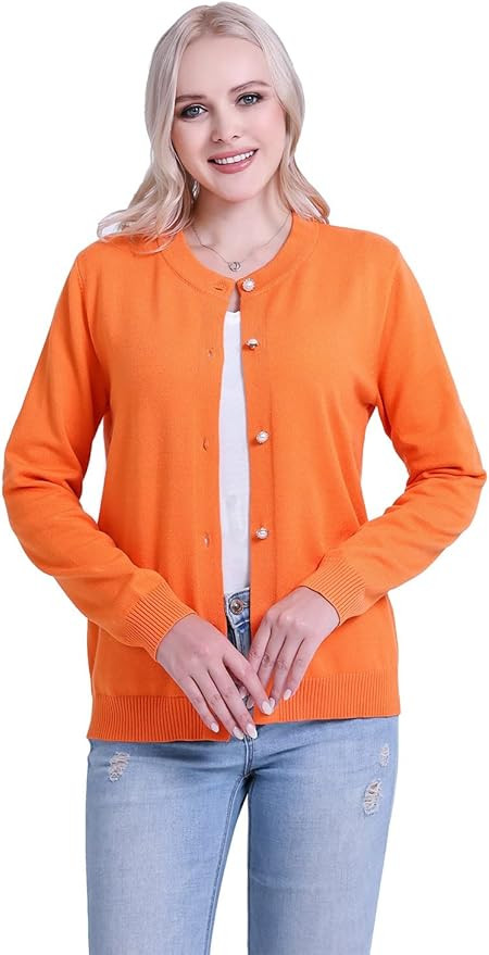 SMILING PINKER Women Cardigan Sweater Crewneck Pearl Button Knitted Tops Medium Weight | Amazon (US)