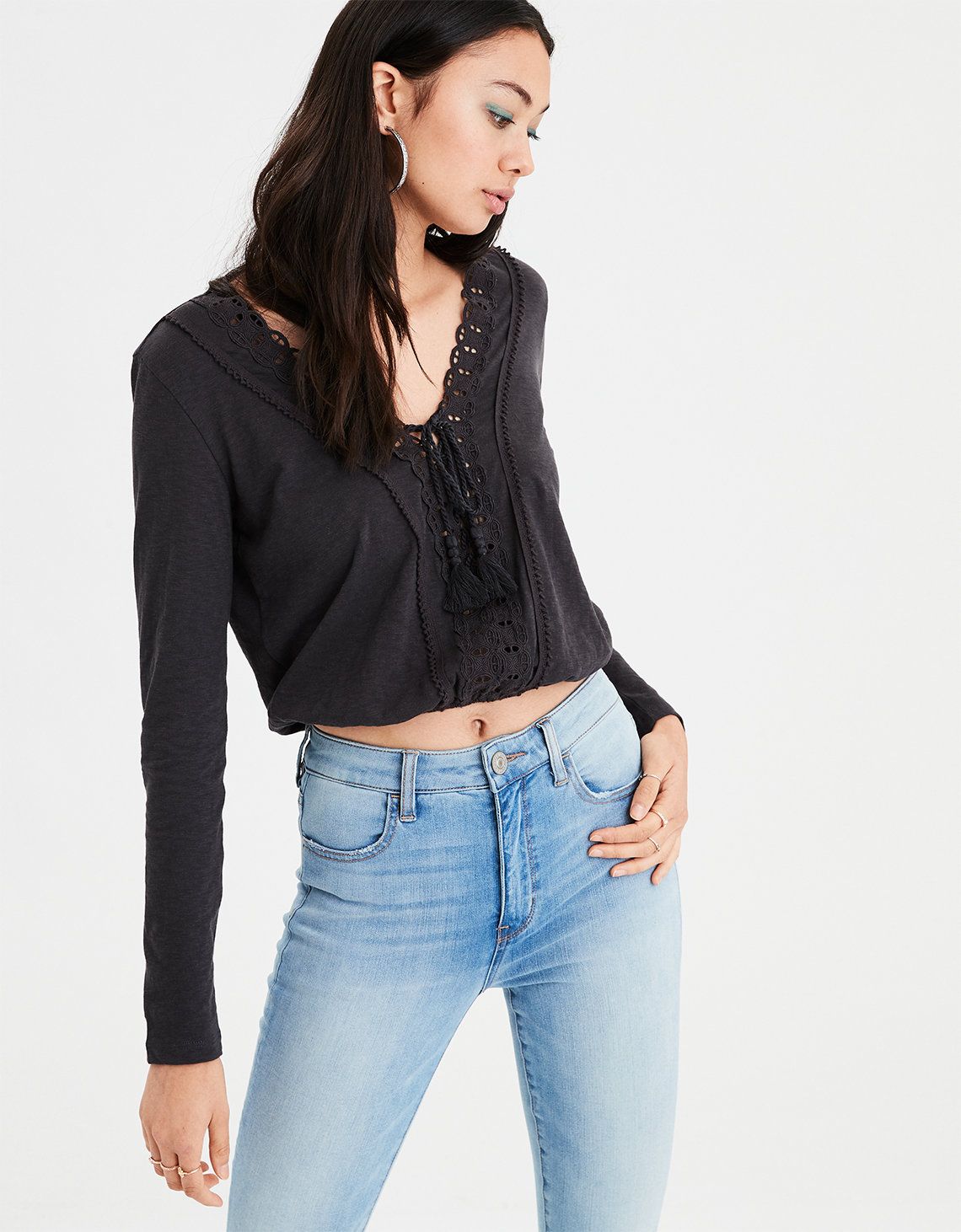 AE Long Sleeve Lace Trim Crop Top., Faded Black | American Eagle Outfitters (US & CA)