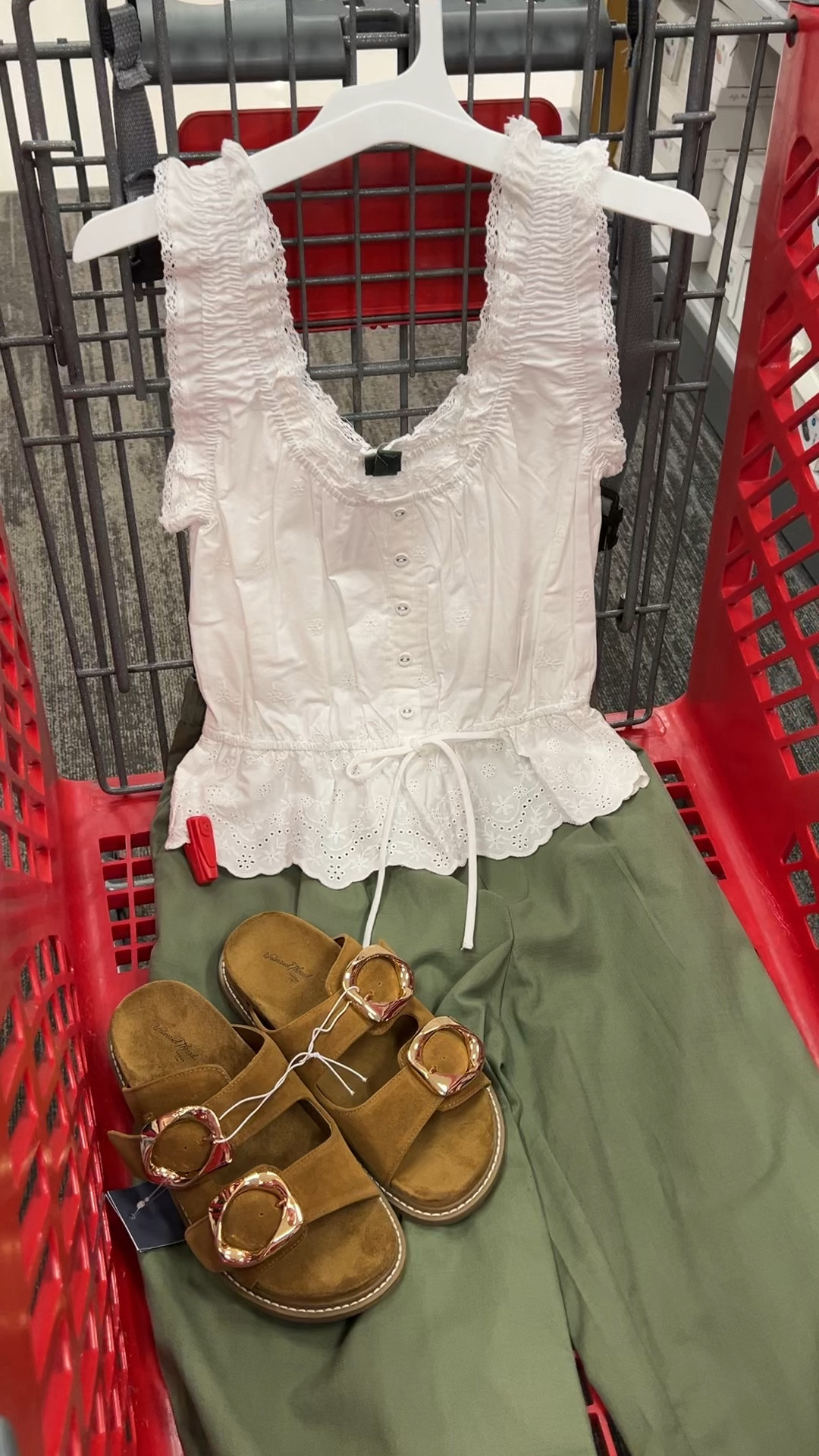 Target spring outfit idea with this lace top and loose soft pants, double buckle sandals. #targetstyle 
