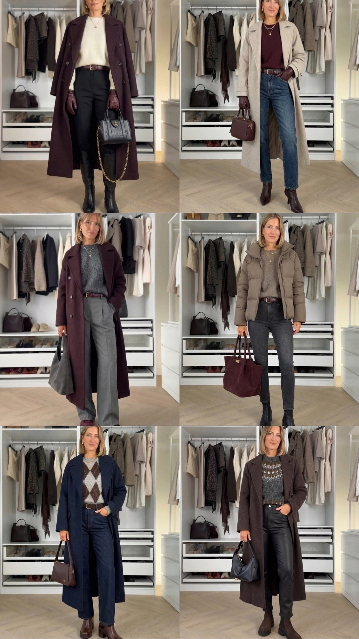 Cozy coats, knitwear layers and rich autumn tones 🍂👜 Everything you see here (except the bottom-right outfit) is part of the current Black Friday sale, including all the bags 🔥 

Like this post to save it to your favourite folder and come back later to shop.

coat, winter coat, long coat, wool coat, burgundy coat, grey coat, neutral outfits, fall outfits, winter outfit ideas, trousers, straight leg jeans, leather look pants, sweaters, knitwear, ankle boots, brown boots, tote bag, crossbody bag, capsule wardrobe, sale finds, black friday deals, everyday styl

#LTKSeasonal #LTKCyberWeek