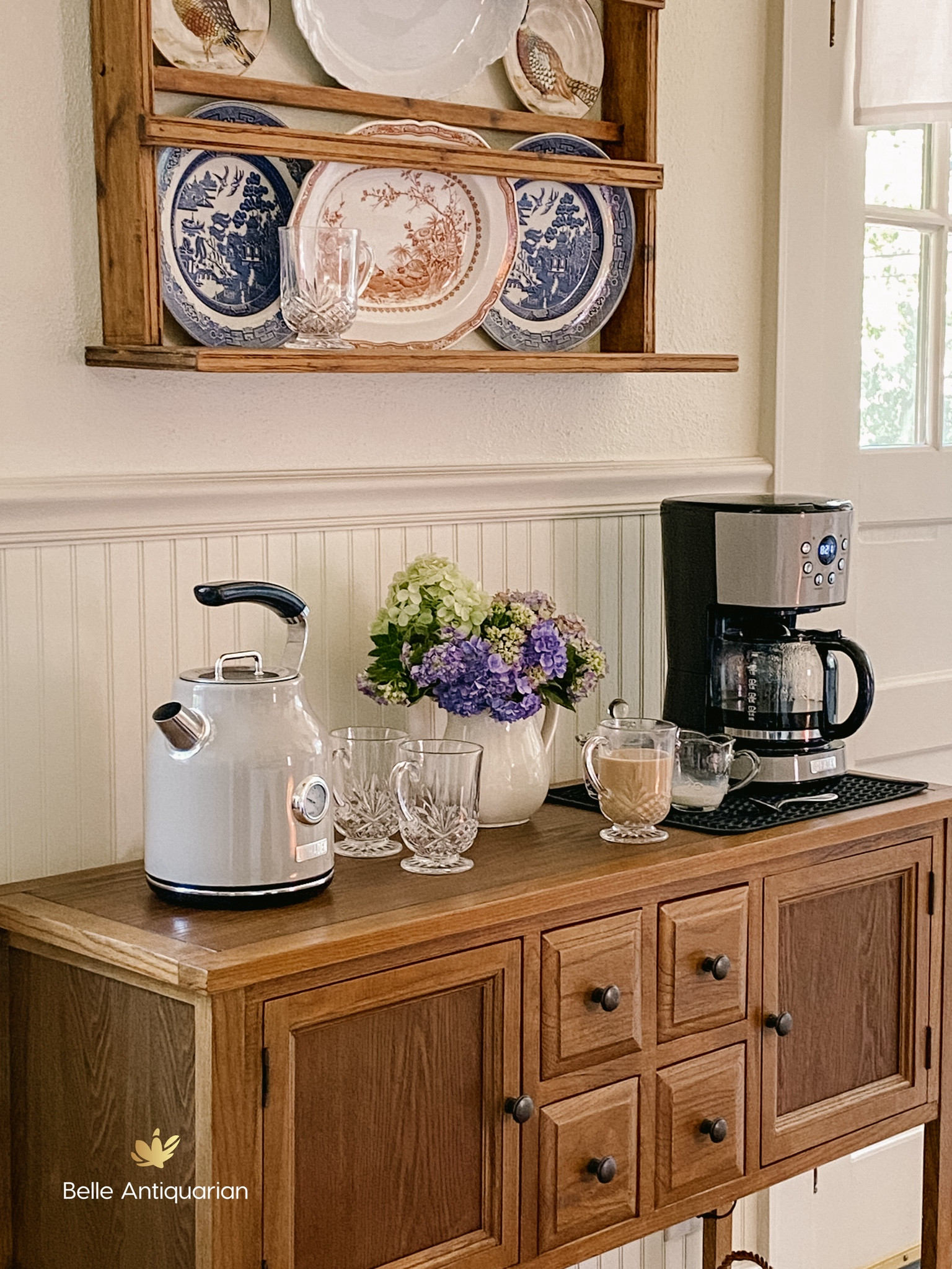 Our hot beverage station/ coffee bar has been the perfect addition to our 1930s kitchen. ☕️I’m linking many of the items that I used. You can find more photos in the complete article on BelleAntiquarian.com. 