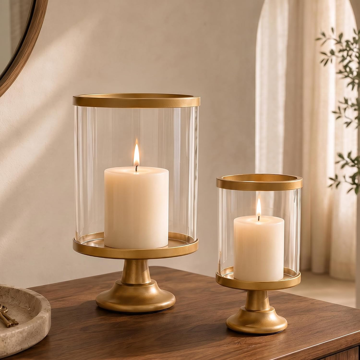 Gold Hurricane Candle Holder Set of 2 with Glass Cylinder for Pillar Candle | Amazon (US)