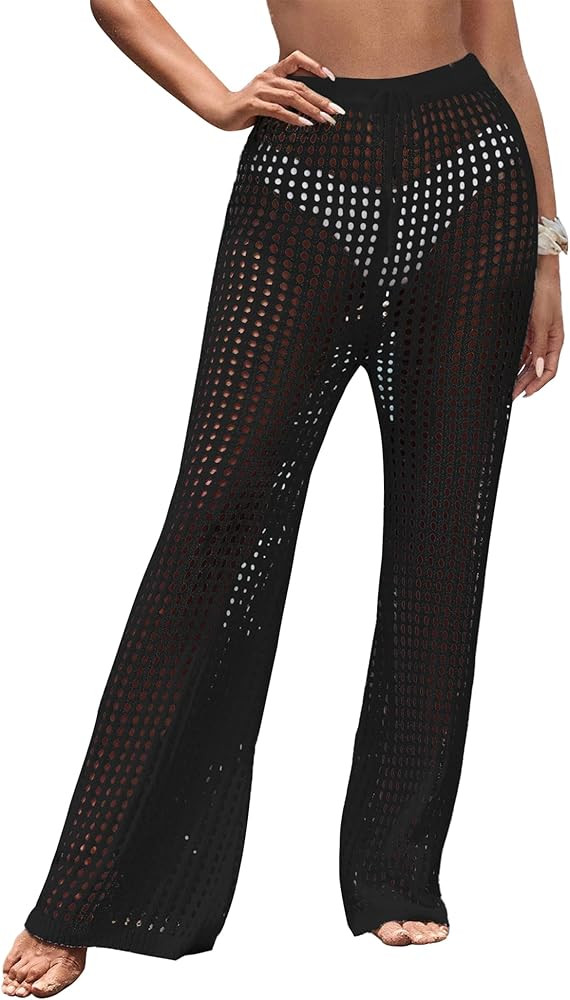 Women's Beach Cover Up Pants Hollow Cut Drawstring Elastic High Waist Bathing Suit Mesh Sheer Wid... | Amazon (US)