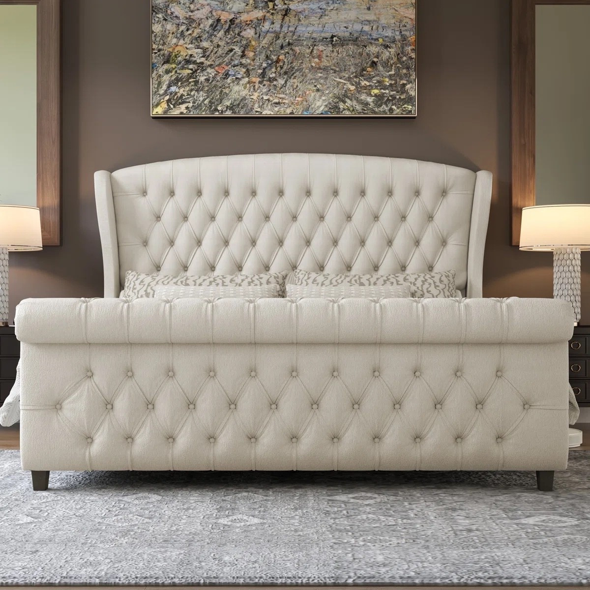 Dulane Chenille Upholstered Sleigh Queen Bed with Scroll Wingback Headboard, Cream