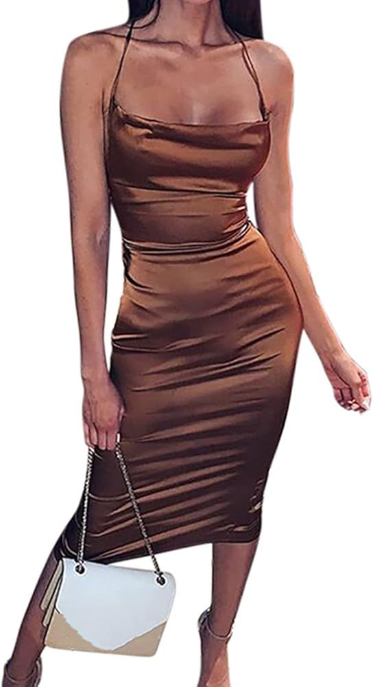 JUMISEE Women Neon Satin Sexy Bodycon Elegant Backless Long Midi Dress for Cocktail Party Clubwear | Amazon (US)