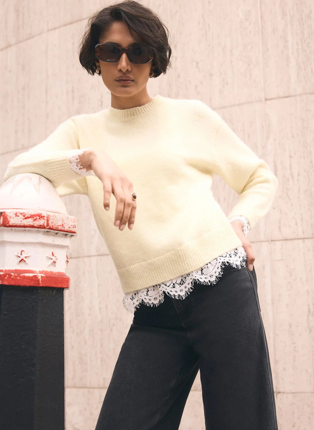 Butter Yellow Lace Hem Jumper | Mint Velvet