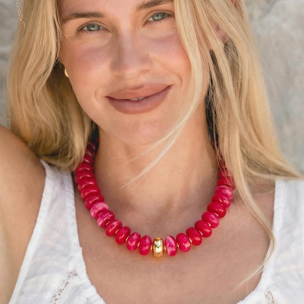 Beaded necklace for Women Boho Bead Gemstone Chunky Necklace Big Bead Necklace Fashion Trendy Sum... | Amazon (US)