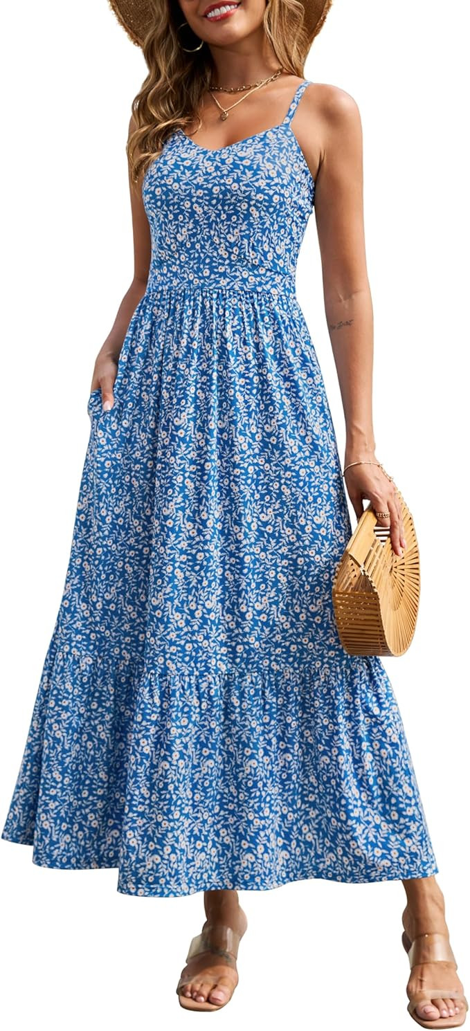 Zattcas Women's 2026 Summer Casual Floral Maxi Dress with Pockets Spaghetti Strap V Neck Empire W... | Amazon (US)