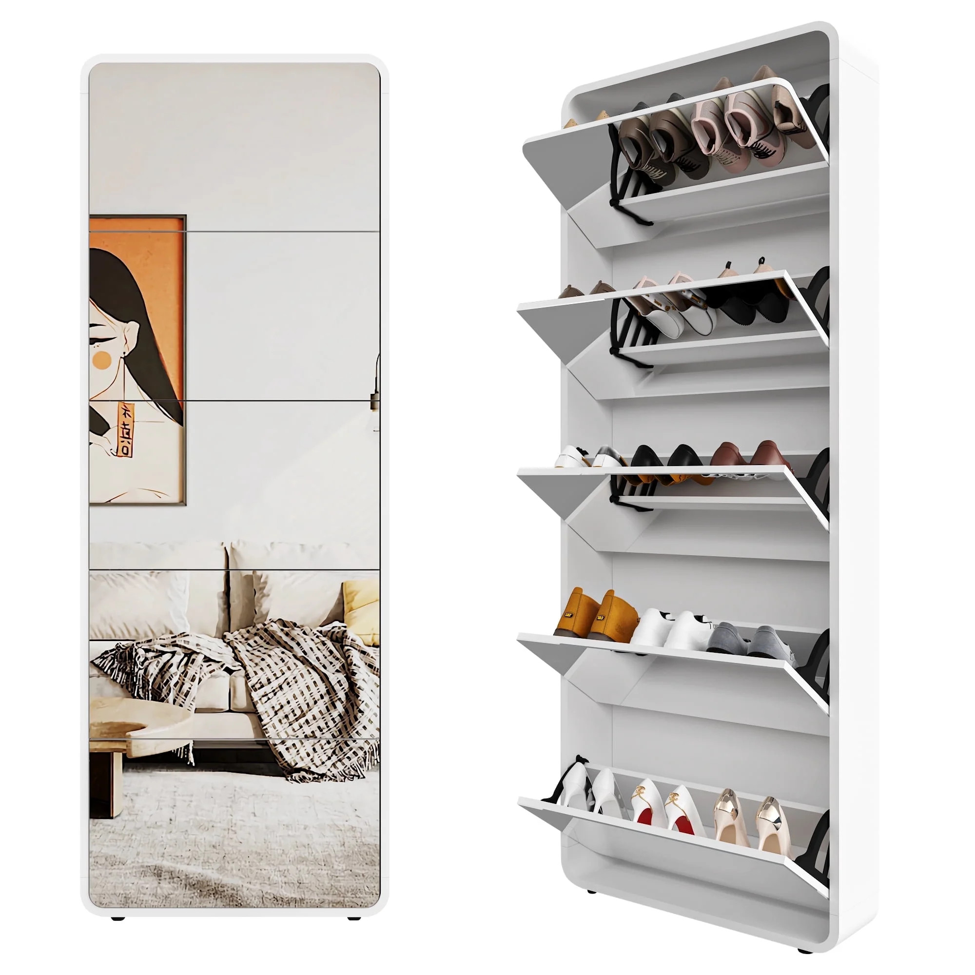 Facilehome Modern Arc Design Mirror Shoe Cabinet for Entryway ,Shoe Rack Organizer with 5 Flip Dr... | Walmart (US)