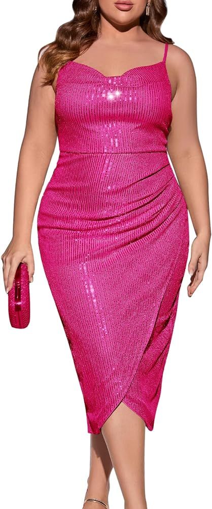 ZOMVA 2023 Plus Size Sparkle Sequin Dress Glitter Ruched Spaghetti Strap Midi Dress Party Club Ho... | Amazon (US)