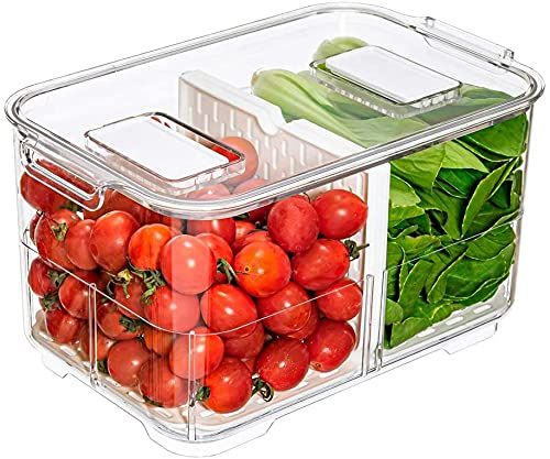 Slideep 9'' Food Storage Containers, 2 Tier Stackable Fridge Produce Saver with Lids, Removable Drai | Amazon (US)