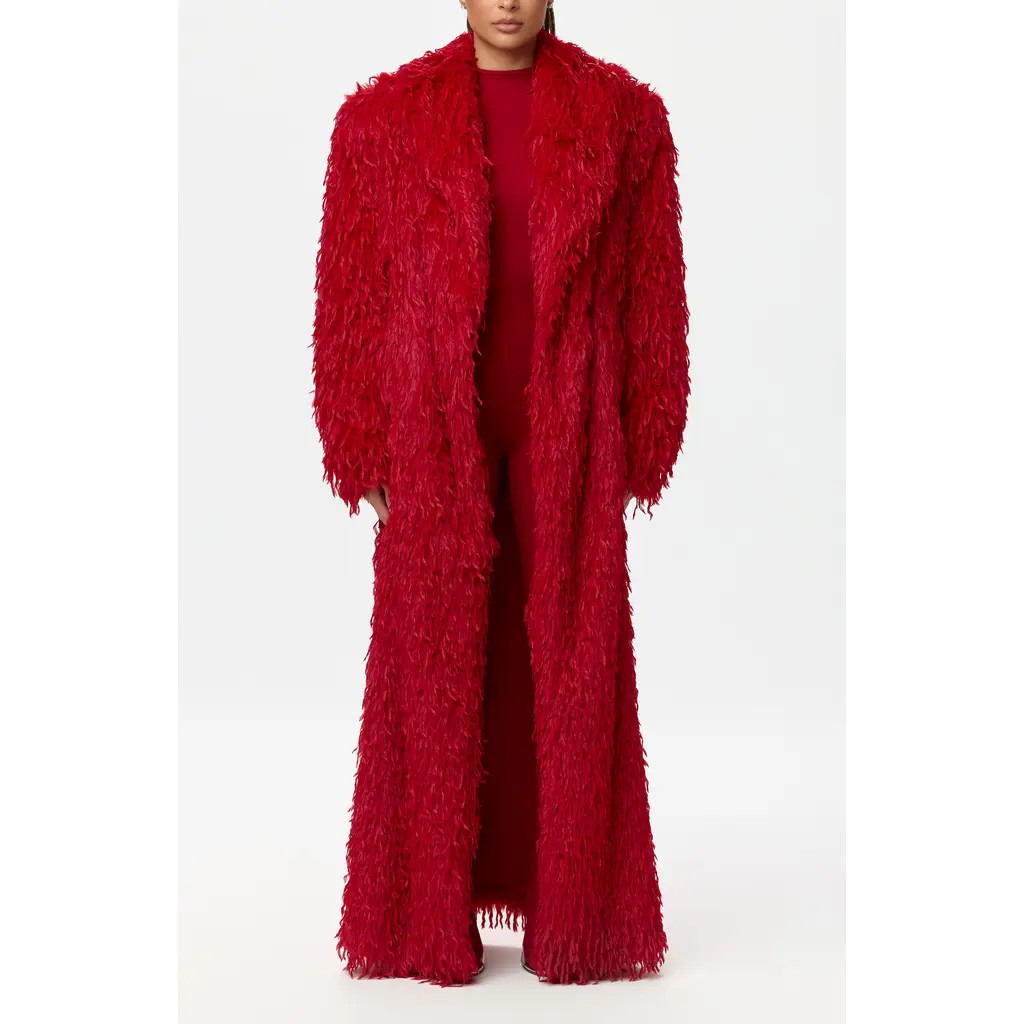 Naked Wardrobe Long Faux Feather Coat in Ruby Red at Nordstrom, Size Large | Nordstrom