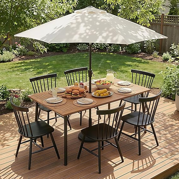 Flamaker Acacia Wood Patio Outdoor Dining Table for 6, Outdoor Table with Umbrella Hole and Metal... | Amazon (US)