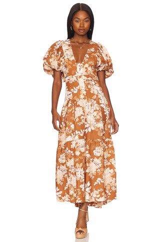 Shona Joy Capucine Plunged Short Sleeve Dress in Almond Multi from Revolve.com | Revolve Clothing (Global)