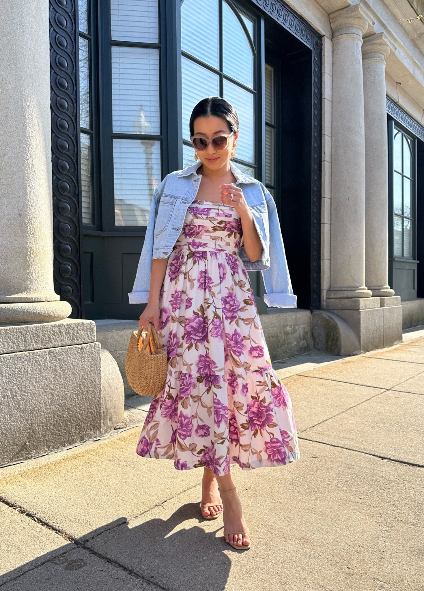 •My exact print is sold out, but other prints and colors are still available in this puff sleeved midi dress. I’m wearing xxs petite - also comes in a shorter version. This dress is well made with pockets and fits me so well as a longer midi, almost maxi length dress and is bump friendly. 

•Cropped denim jacket xxs - love the modern relaxed casual vibe. 

•Reformation sandals 

•Sezane earrings 

•Similar woven handbag linked 
#petite floral maxi dress 

#LTKFind #LTKsalealert #LTKSeasonal