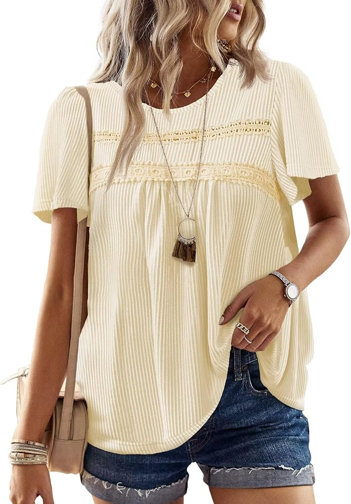 Falechay Womens Summer Tops Crewneck Short Sleeve Striped Shirts Casual Ribbed Blouses Flowy Hem ... | Amazon (US)