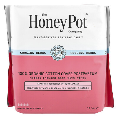 The Honey Pot Company, Organic Herbal-Infused Pads with Wings, Postpartum Overnight, 12 Count | iHerb