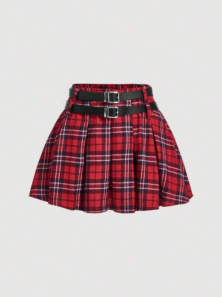 SHEIN MOD 1pc Red & Black Plaid Pleated Low Waist Mini Skirt, Comes With 2pcs Leather Belt, Holid... | SHEIN
