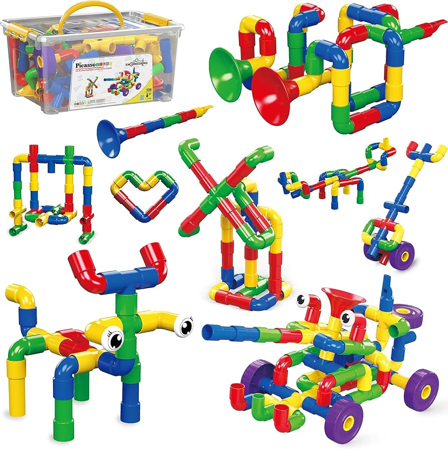 PicassoTiles PTT136 136pcs Tubular Pipes & Spout STEAM Interlocking Educational Building Block Se... | Amazon (US)