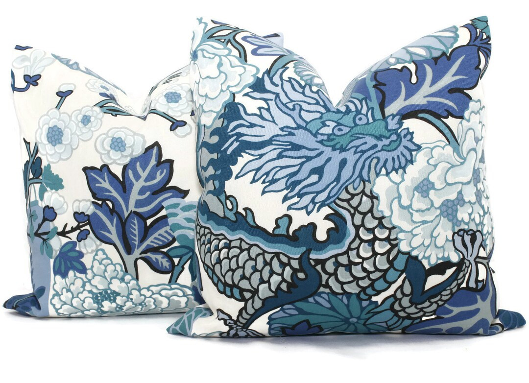 Pair of China Blue OUTDOOR Schumacher Chiang Mai Dragon Decorative Pillow Covers, Toss Pillow, Ac... | Etsy (US)