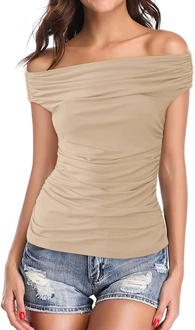 Dellytop Women's Off The Shoulder Ruched T Shirts Summer Slim Fitted Sexy Tee Tops | Amazon (US)