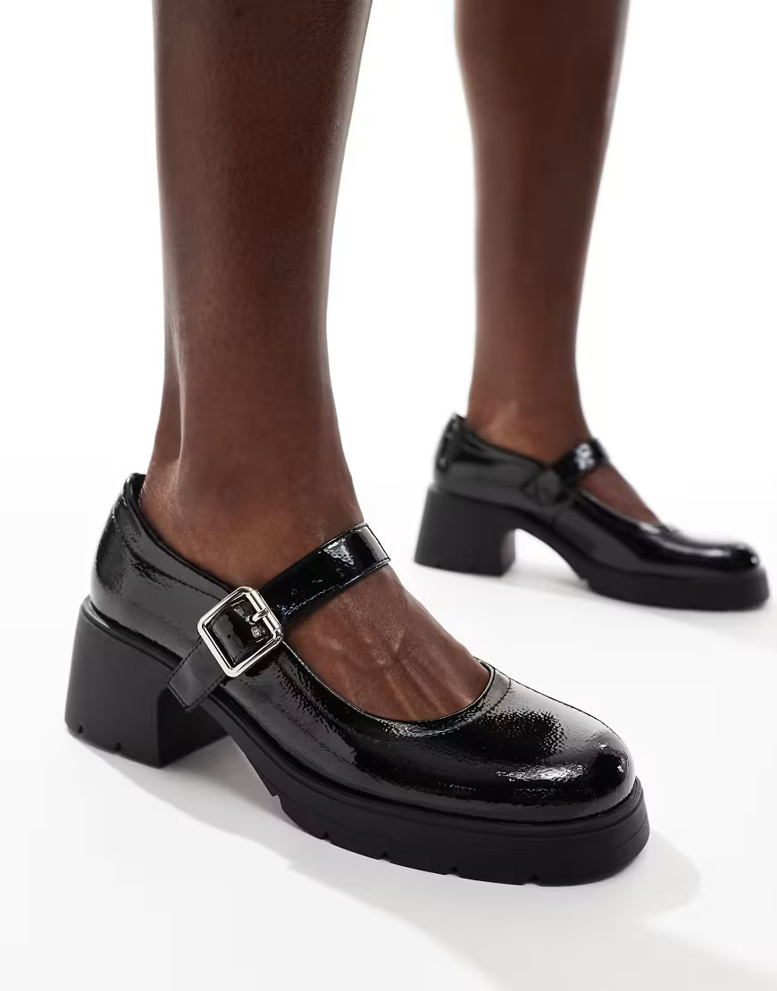 ASOS DESIGN Saxton chunky mary jane heeled shoes in black patent | ASOS (Global)