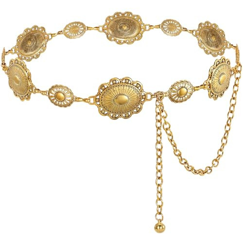 XZQTIVE Women Boho Chain Belts For Dresses Jeans Western Cowgirl Waist Links Belt Adjustable Metal Concho Belt, gold, 130cm | Amazon (US)