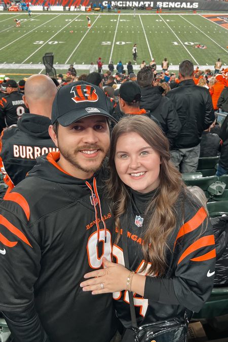 Cincinnati Bengals Football Game Day! Rule the jungle! Ohio, black, orange, Hubbard, Burrow, who dey, couples outfits, travel, stadium, inspo, jersey outfit idea, fall, November, football season 🏈 

#LTKstyletip #LTKtravel #LTKSeasonal