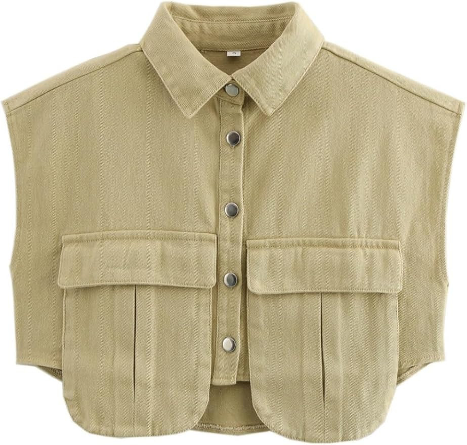 Perbai Womens Cropped Button Down Shirt Summer Collared Sleeveless Loose Denim Top with Pockets | Amazon (US)