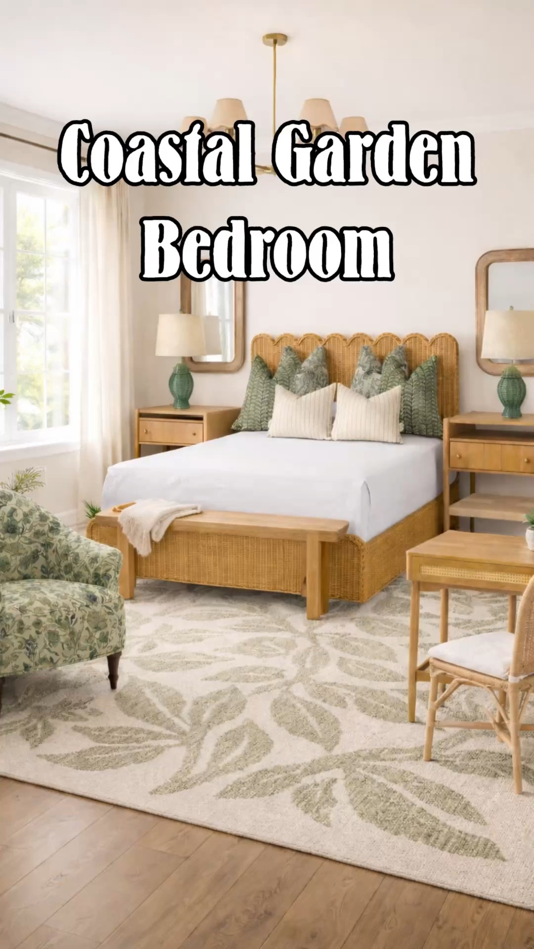 This light and airy bedroom layers natural textures and soft greens to create a calm, relaxed retreat. A woven cane bed, warm wood nightstands, and rattan accents bring an organic feel, while botanical pillows and a leafy area rug add a fresh garden-inspired touch. Soft cream curtains, brass lighting, and simple styling keep the space bright and timeless, perfect for a peaceful and inviting bedroom. Rattan, wicker, coastal bedroom, coastal decor, grand millennial,  woven, target finds, Walmart finds, Amazon, Wayfair 

#LTKHome