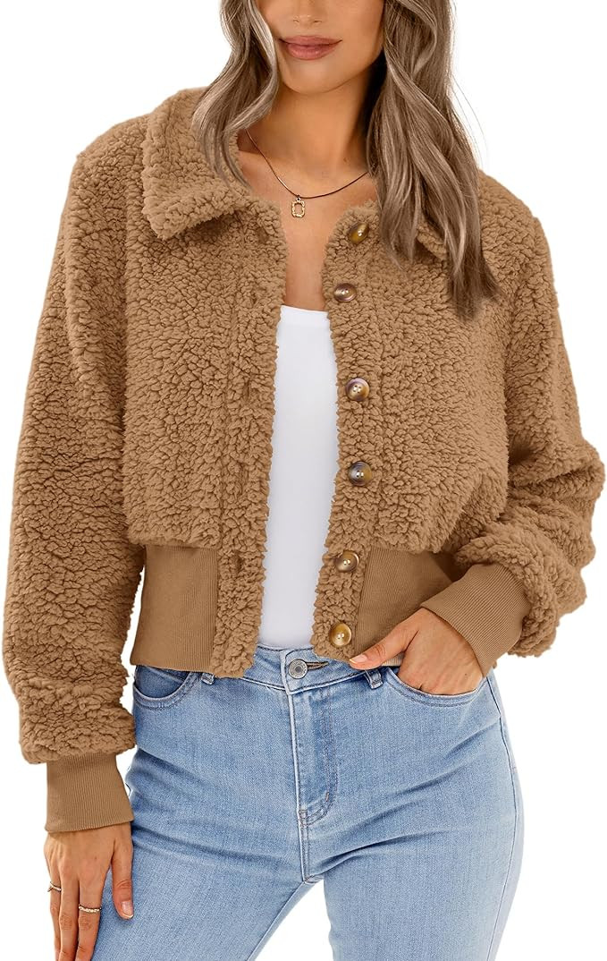 BTFBM Women's Button Down Sherpa Shacket Jacket Long Sleeve Faux Fur Warm Fall Winter Outwear Fuz... | Amazon (US)