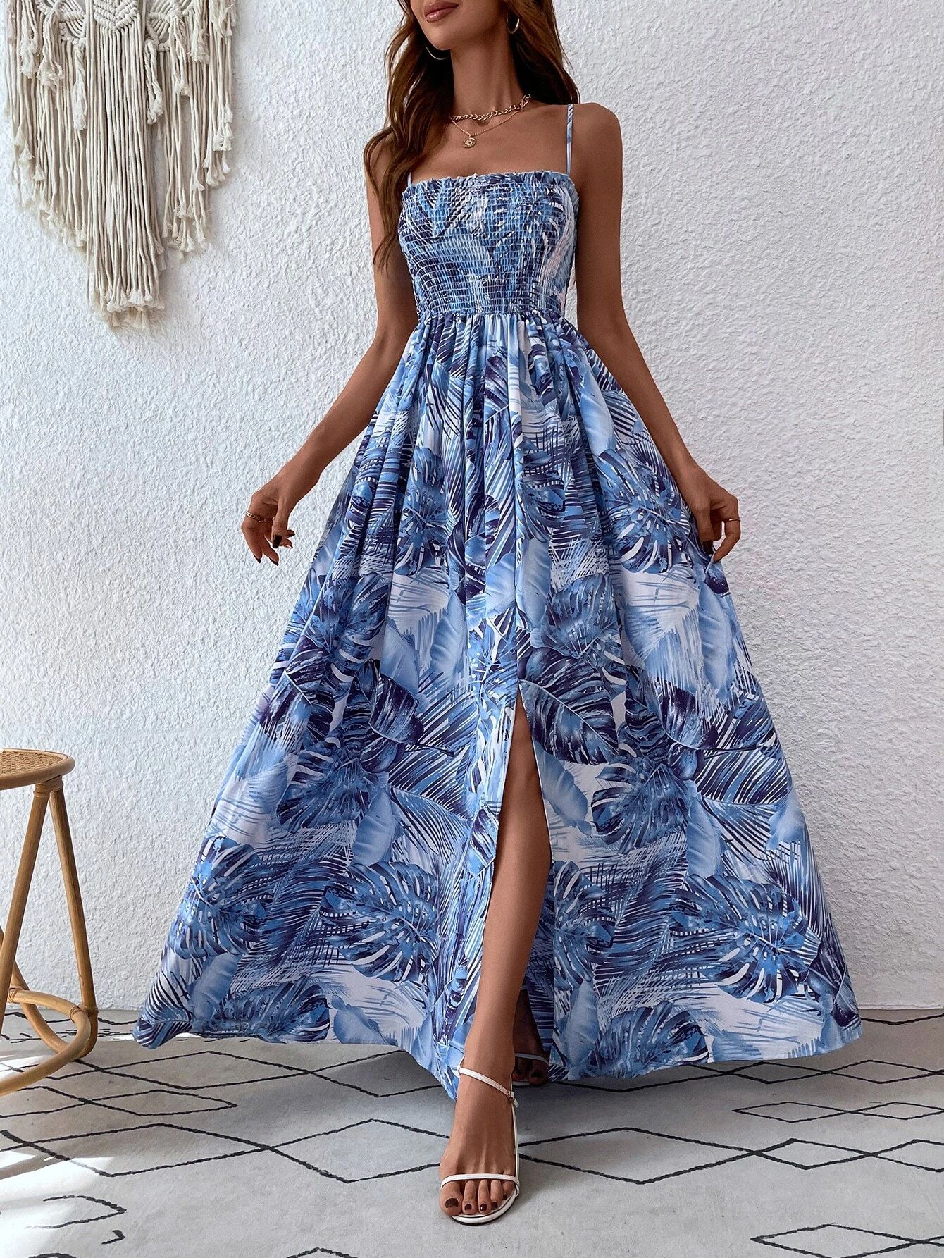 SHEIN VCAY Tropical Print Shirred Split Thigh Cami Dress | SHEIN