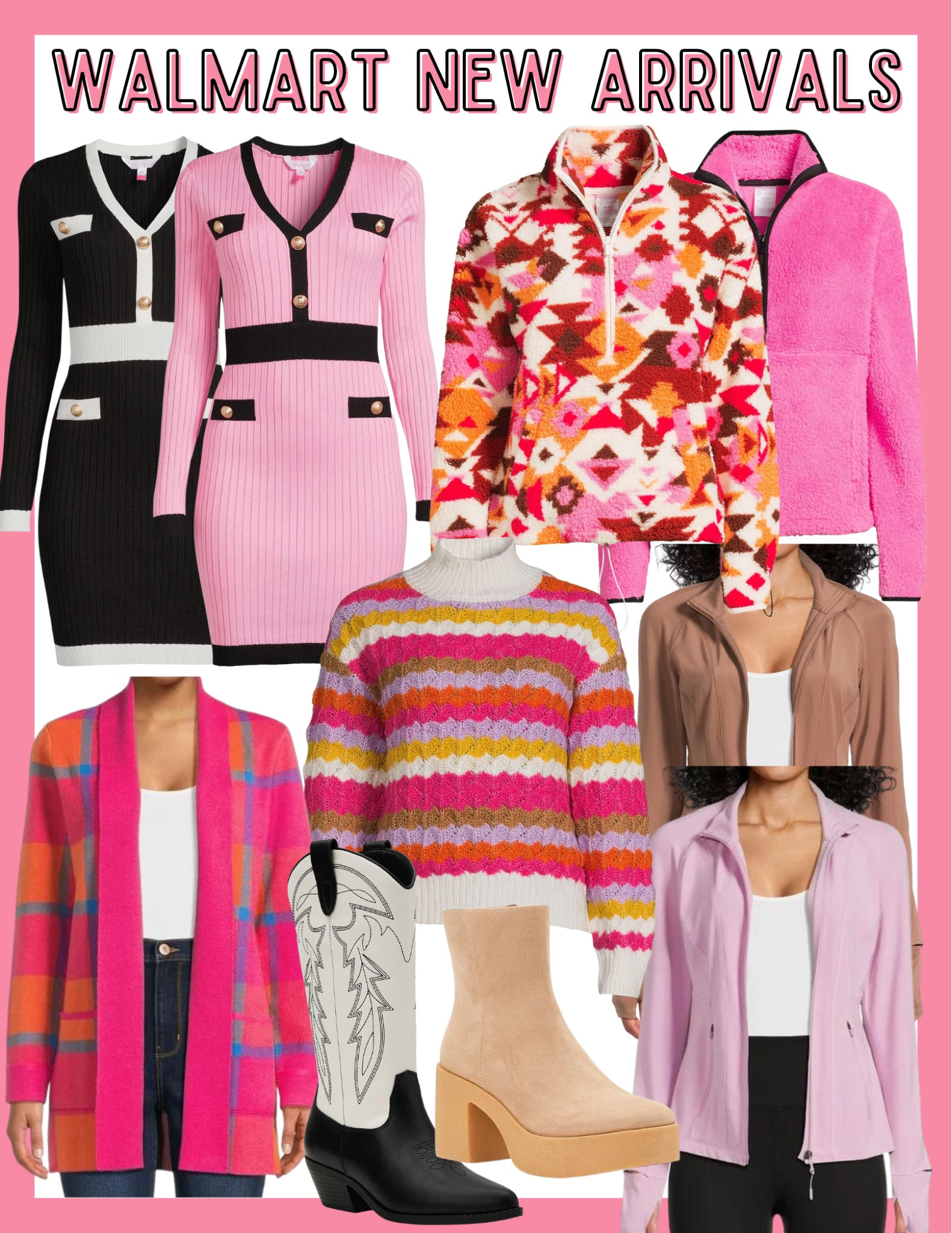 Walmart fall fashion / pink chanel inspired dress / multicolored sweater / lululemon jacket dupe / black and white western boots / lululemon align jacket dupe 

#LTKHoliday #LTKfindsunder50 #LTKstyletip