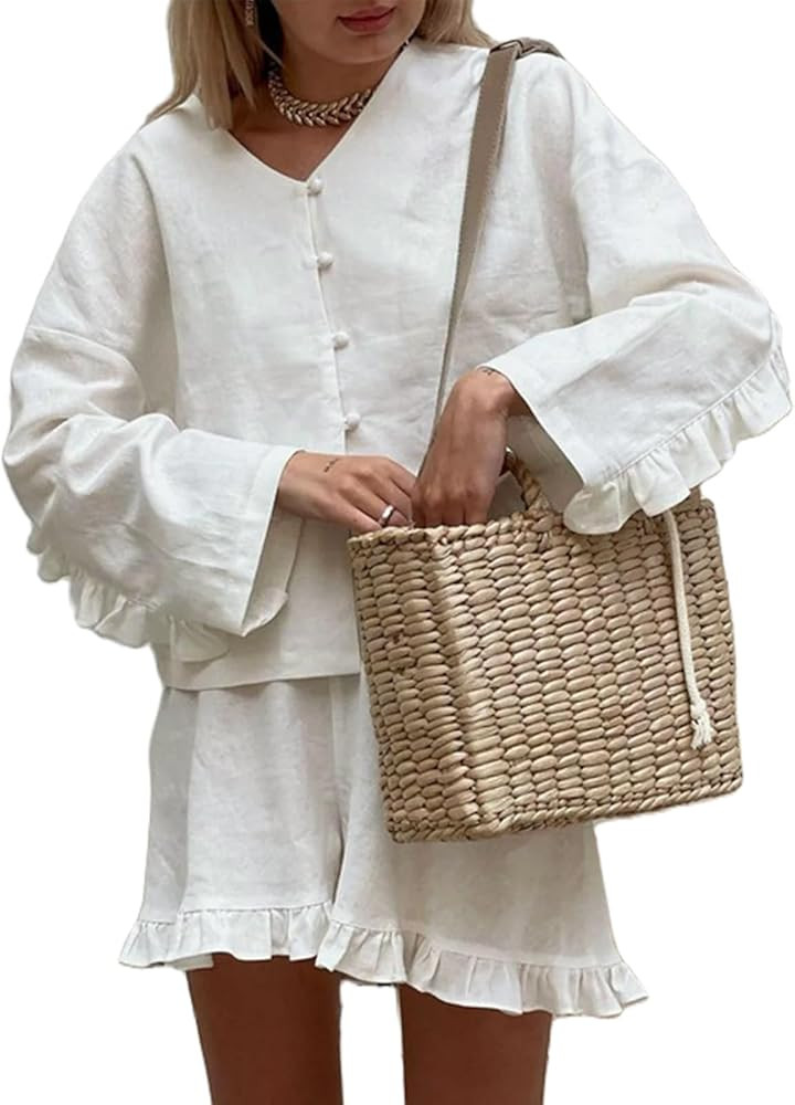 XBTCLXEBCO Linen Shorts Outfits Women 2 Piece Set Tie Front Long Sleeve Shirt and Ruffle Shorts L... | Amazon (US)