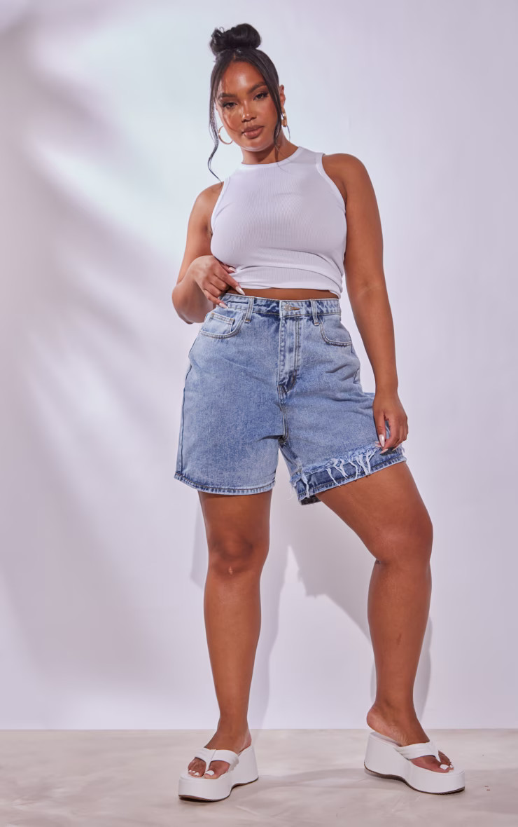 Plus Light Blue Wash Distressed Longline Denim Shorts | PrettyLittleThing US