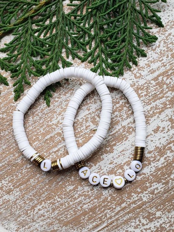 Personalized White & Gold Heishi Letter Bead Name Bracelet with Gold Discs | Etsy (US)