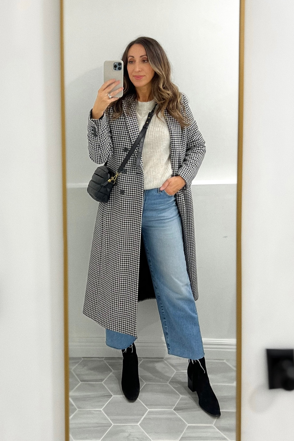 Wide leg jeans tts and 40% off.  Light but warm alpaca sweater on sale - tts. 
Leather crossbody bag 40% off. 
Aquatalia booties old but linking fab options. 

(Coat old). 

#LTKsalealert #LTKCyberweek #LTKstyletip