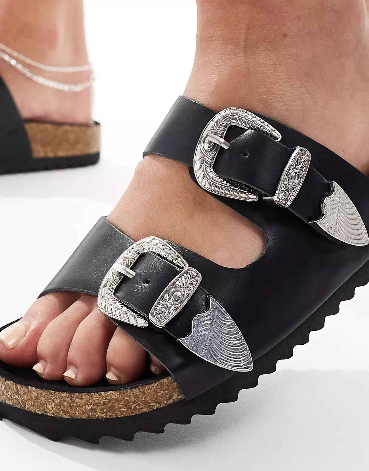 ASOS DESIGN Wide Fit Famous double strap western sandals in black | ASOS (Global)